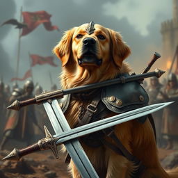 A golden retriever in detailed fighter armor, standing valiantly with a sword held in its mouth