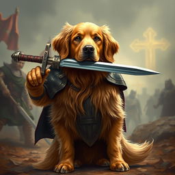 A golden retriever in detailed fighter armor, standing valiantly with a sword held in its mouth