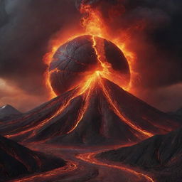 The colossal basketball dynamically curves out of the erupting volcano, spiralling towards the viewers' perspective enveloped by vibrant lava streaks and ash clouds, creating an exciting, animated, and surreal 3D scene