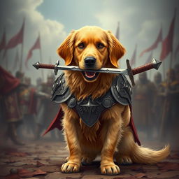 A golden retriever in detailed fighter armor, standing valiantly with a sword held in its mouth