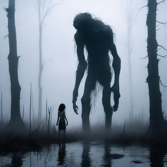 A very tall giant with a small waist and emaciated appearance stands in a foggy swamp