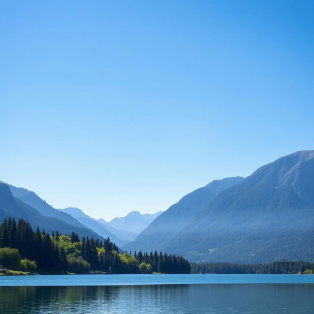 Create an image of a serene landscape with mountains in the background, a clear blue sky, and a calm lake in the foreground