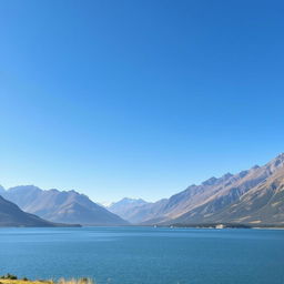 Create an image of a serene landscape with mountains in the background, a clear blue sky, and a calm lake in the foreground