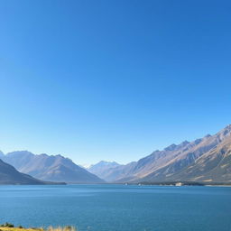 Create an image of a serene landscape with mountains in the background, a clear blue sky, and a calm lake in the foreground