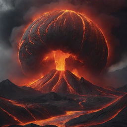 The colossal basketball dynamically curves out of the erupting volcano, spiralling towards the viewers' perspective enveloped by vibrant lava streaks and ash clouds, creating an exciting, animated, and surreal 3D scene