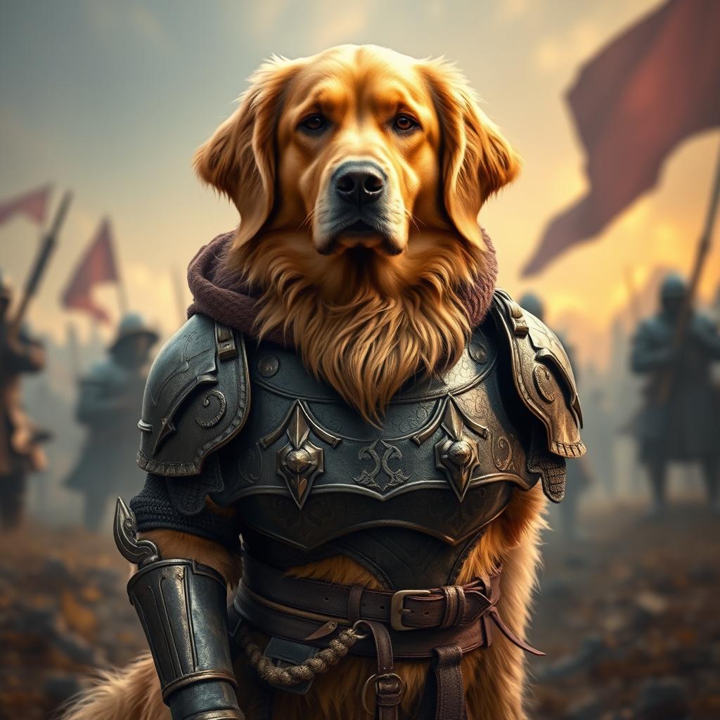 A golden retriever dressed in detailed fighter armor, standing proudly