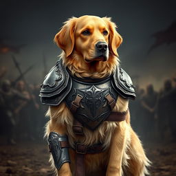 A golden retriever dressed in detailed fighter armor, standing proudly