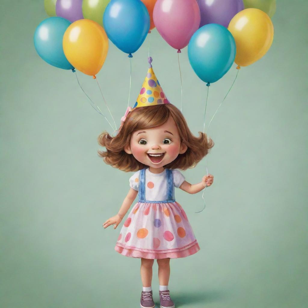 A whimsical happy birthday card featuring a cute anthropomorphic drop of oil as a girl, cheerfully holding colorful balloons and wearing a festive birthday hat.