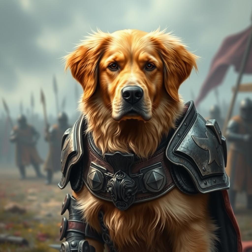 A golden retriever dressed in detailed fighter armor, standing proudly