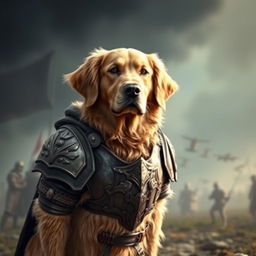 A golden retriever dressed in detailed fighter armor, standing proudly