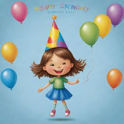 A whimsical happy birthday card featuring a cute anthropomorphic drop of oil as a girl, cheerfully holding colorful balloons and wearing a festive birthday hat.