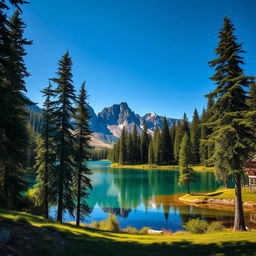 A beautiful landscape featuring a serene lake surrounded by tall, lush trees with mountains in the background under a clear blue sky