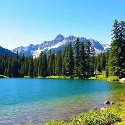 A beautiful landscape featuring a serene lake surrounded by tall, lush trees with mountains in the background under a clear blue sky