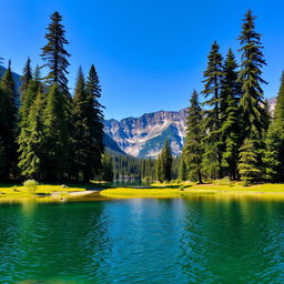 A beautiful landscape featuring a serene lake surrounded by tall, lush trees with mountains in the background under a clear blue sky