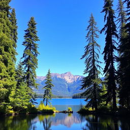 A beautiful landscape featuring a serene lake surrounded by tall, lush trees with mountains in the background under a clear blue sky