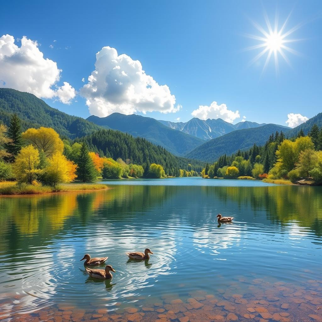 A vibrant and colorful landscape featuring a serene lake surrounded by lush green trees and mountains in the background