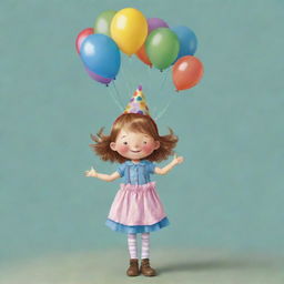 A whimsical happy birthday card featuring a cute anthropomorphic drop of oil as a girl, cheerfully holding colorful balloons and wearing a festive birthday hat.