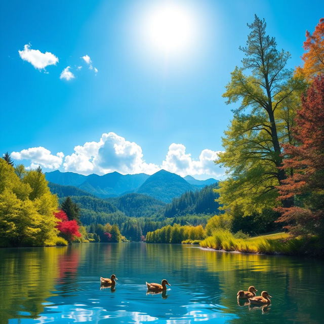 A vibrant and colorful landscape featuring a serene lake surrounded by lush green trees and mountains in the background