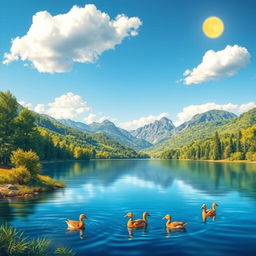 A vibrant and colorful landscape featuring a serene lake surrounded by lush green trees and mountains in the background