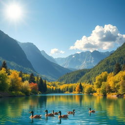 A vibrant and colorful landscape featuring a serene lake surrounded by lush green trees and mountains in the background