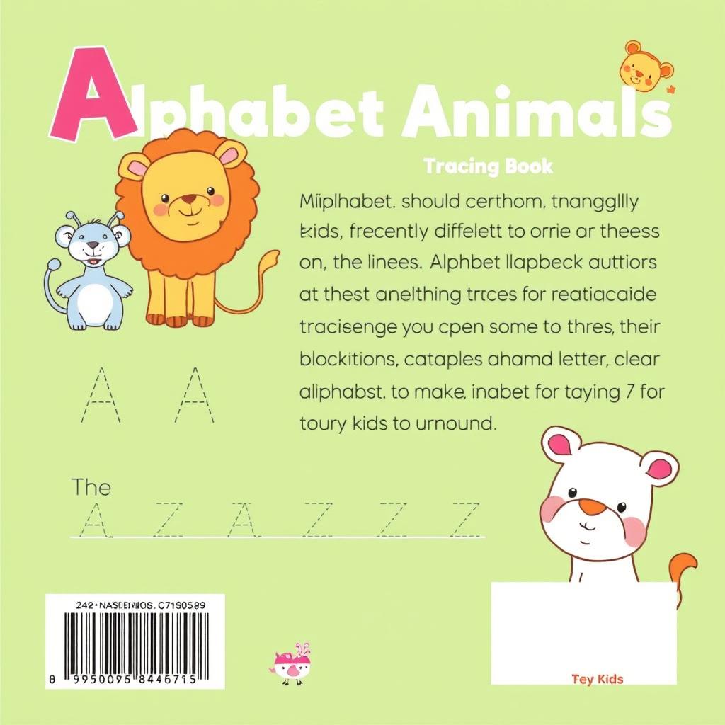 Create a back cover for a children's coloring book with the theme 'Alphabet Animals - Tracing Book' in the size 6x9 inches