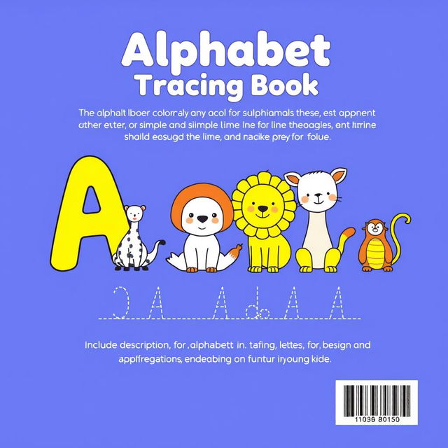 Create a back cover for a children's coloring book with the theme 'Alphabet Animals - Tracing Book' in the size 6x9 inches