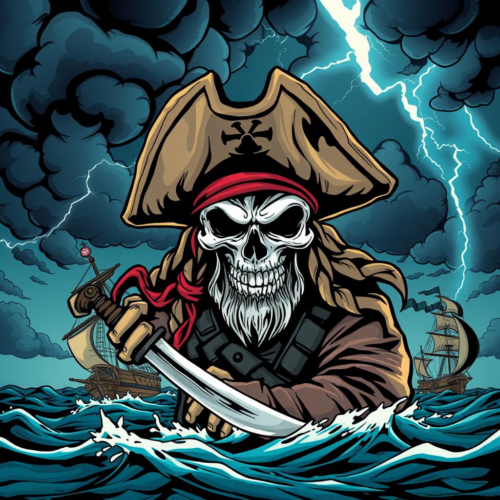 A cool and terrifying pirate-themed comic design for a t-shirt