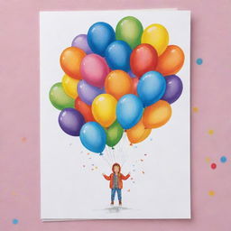 A charming happy birthday card, showcasing a lively drop of oil donned in a fun hood and cheerily carrying a bunch of vibrant balloons.