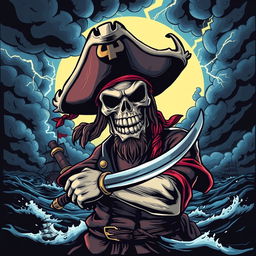 A cool and terrifying pirate-themed comic design for a t-shirt inspired by One Piece