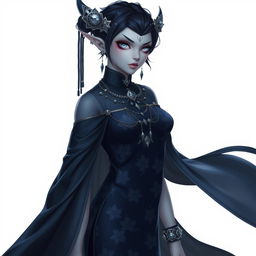 A Githyanki woman with white eyes, long, sharp pointing ears, and short dark blue hair