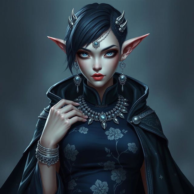 A Githyanki woman with white eyes, long, sharp pointing ears, and short dark blue hair