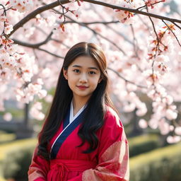 A portrait of a Korean girl with a serene expression, wearing traditional Hanbok attire