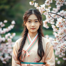 A portrait of a Korean girl with a serene expression, wearing traditional Hanbok attire