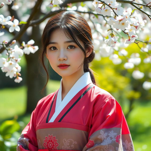 A portrait of a Korean girl with a serene expression, wearing traditional Hanbok attire