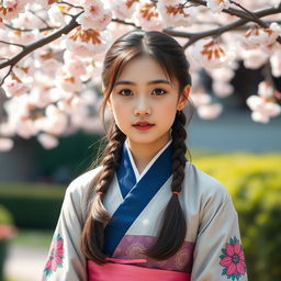 A portrait of a Korean girl with a serene expression, wearing traditional Hanbok attire