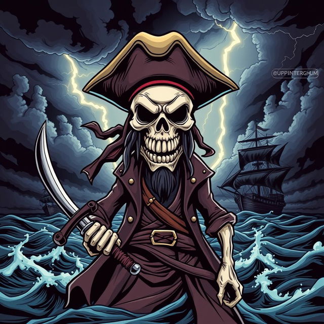 A cool and terrifying pirate-themed comic design for a t-shirt inspired by One Piece