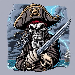 A cool and terrifying pirate-themed comic design for a t-shirt inspired by One Piece