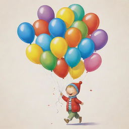 A charming happy birthday card, showcasing a lively drop of oil donned in a fun hood and cheerily carrying a bunch of vibrant balloons.