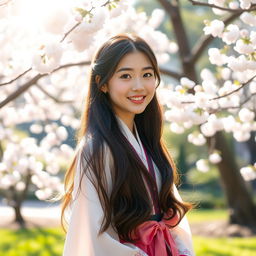 A beautiful Korean girl with long, flowing hair and a radiant smile, standing in a serene garden with cherry blossoms in full bloom