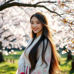 A beautiful Korean girl with long, flowing hair and a radiant smile, standing in a serene garden with cherry blossoms in full bloom