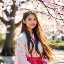 A beautiful Korean girl with long, flowing hair and a radiant smile, standing in a serene garden with cherry blossoms in full bloom