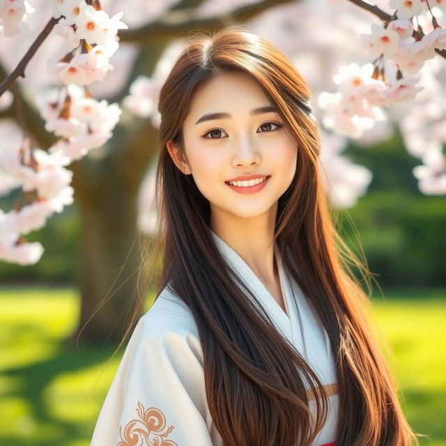 A beautiful Korean girl with long, flowing hair and a radiant smile, standing in a serene garden with cherry blossoms in full bloom