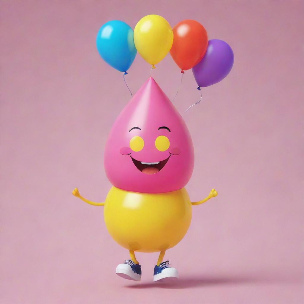 A joyful and sweet drop of oil character with balloons, wearing a cap on a brightly designed postcard.