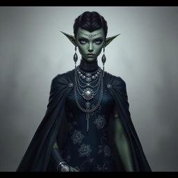 A Githyanki woman with cold green skin, white eyes, long, sharp pointing ears, and short dark hair