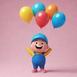 A joyful and sweet drop of oil character with balloons, wearing a cap on a brightly designed postcard.