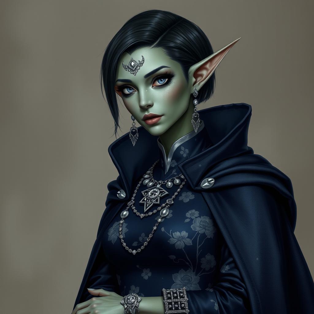 A Githyanki woman with cold green skin, white eyes, long, sharp pointing ears, and short dark hair