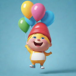 A joyful and sweet drop of oil character with balloons, wearing a cap on a brightly designed postcard.