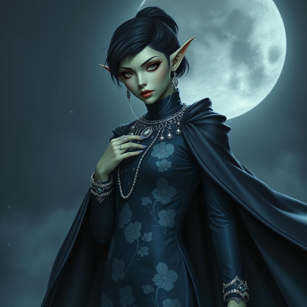 A moon elf woman with cold green skin, white eyes, long, sharp pointing ears, and short dark hair