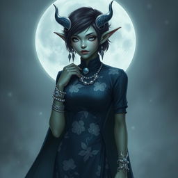 A moon elf woman with cold green skin, white eyes, long, sharp pointing ears, and short dark hair