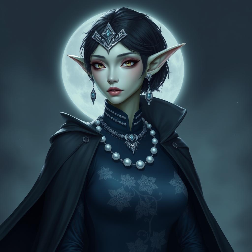 A moon elf woman with cold green skin, white eyes, long, sharp pointing ears, and short dark hair